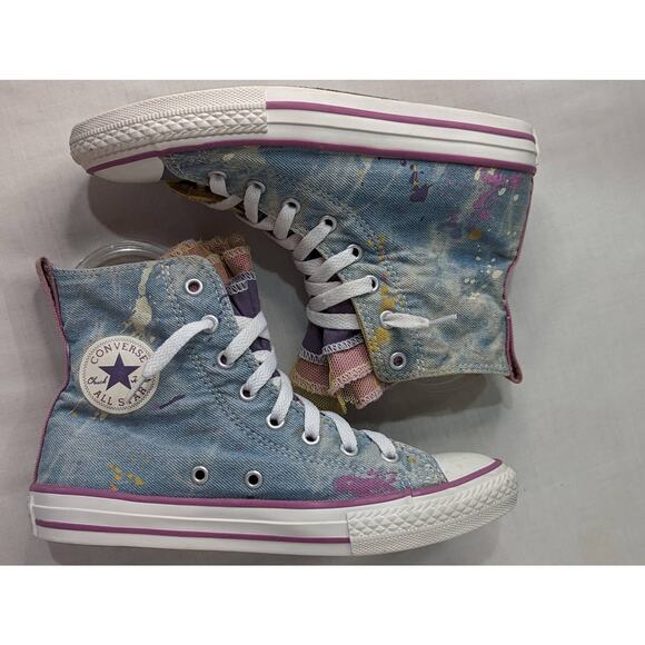 Converse All Star Chuck Taylor 651703F Hi Party Blue Paint Splatter Lace Youth 3 - Picture 1 of 9